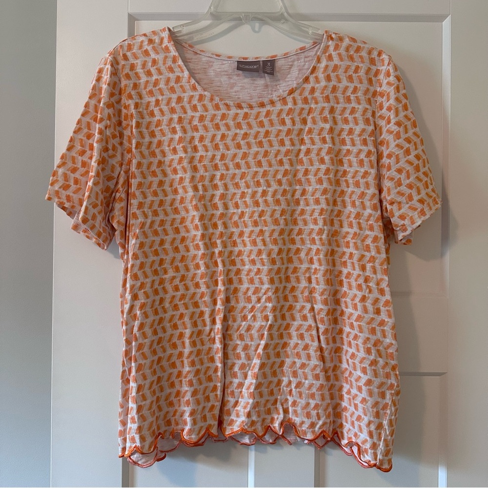 Chico’s Orange Geometric Print Cotton Top Scalloped Hem Size 3
